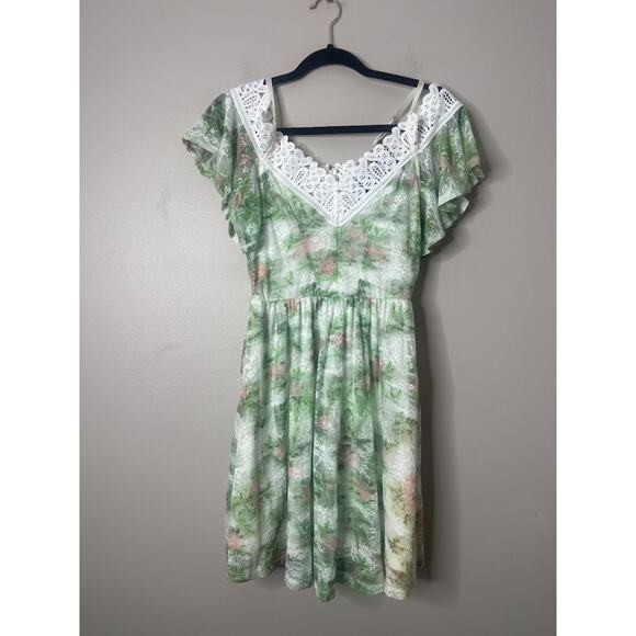 DISNEY Dress Juniors Small Green Lace Overlay Fairy Whimsy Cottagecore Straps - Picture 1 of 12